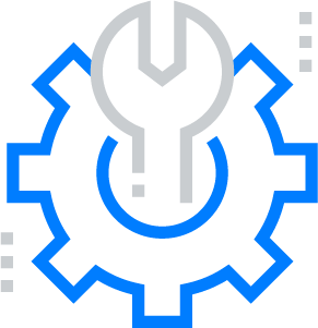 icon depicting a wrench thrust through the center of a cog, representing the concept of technical support