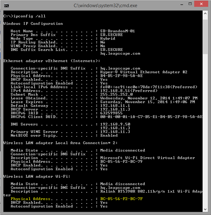 Find Mac Address - Windows 8